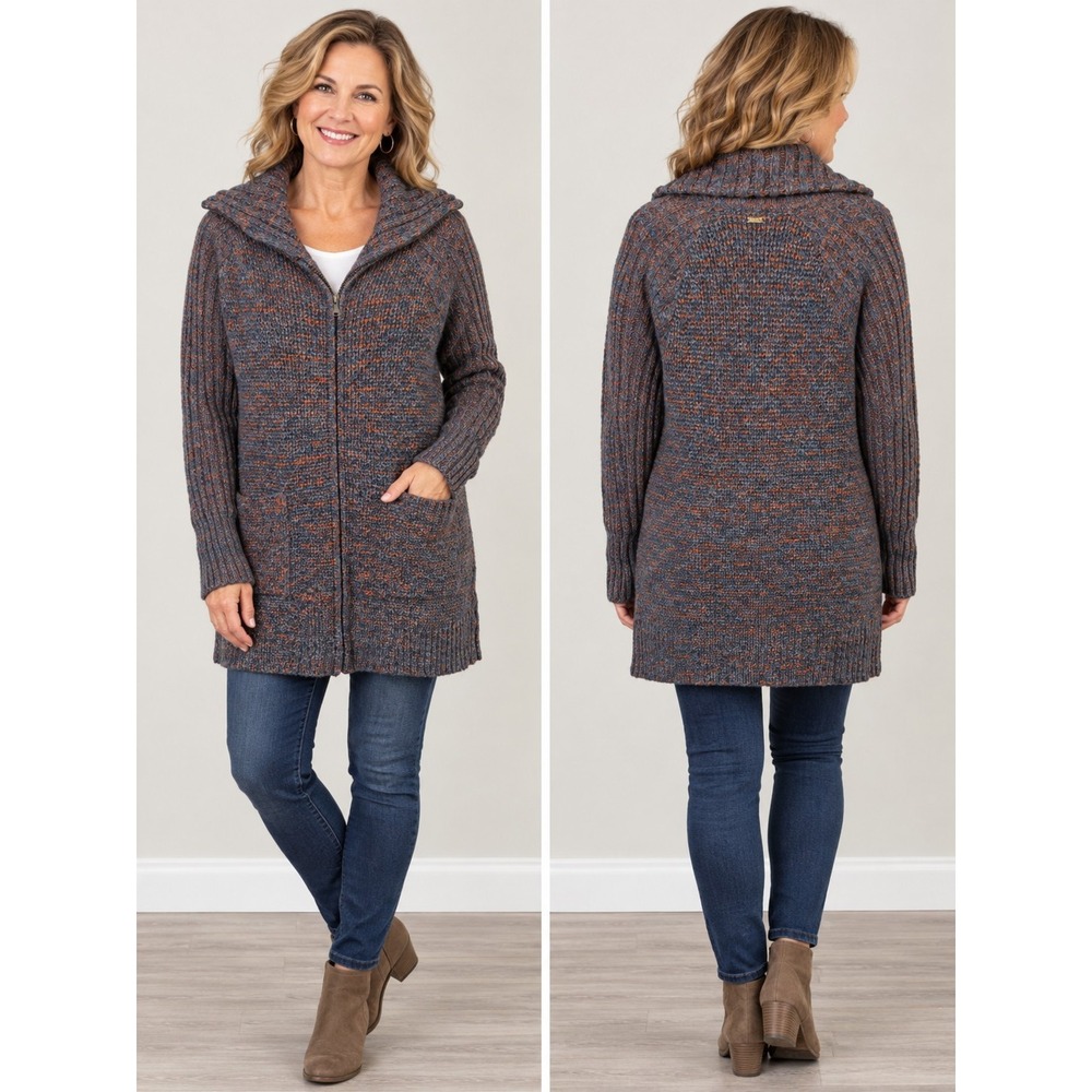 Prana Full Zip Long Sweater Jacket Womens Sz M Navy Orange Cotton  LagenLook Y2k